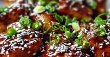 Leckeres Airfryer Teriyaki-Hähnchen auf einem Teller angerichtet