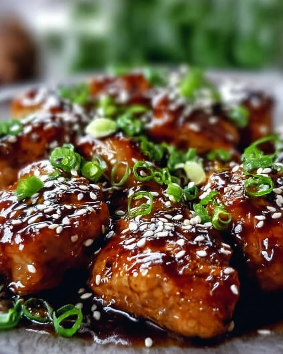 Leckeres Airfryer Teriyaki-Hähnchen auf einem Teller angerichtet