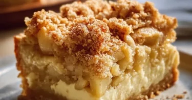 Apfelkuchen vom Blech mit Pudding und Streuseln auf einem Blech serviert
