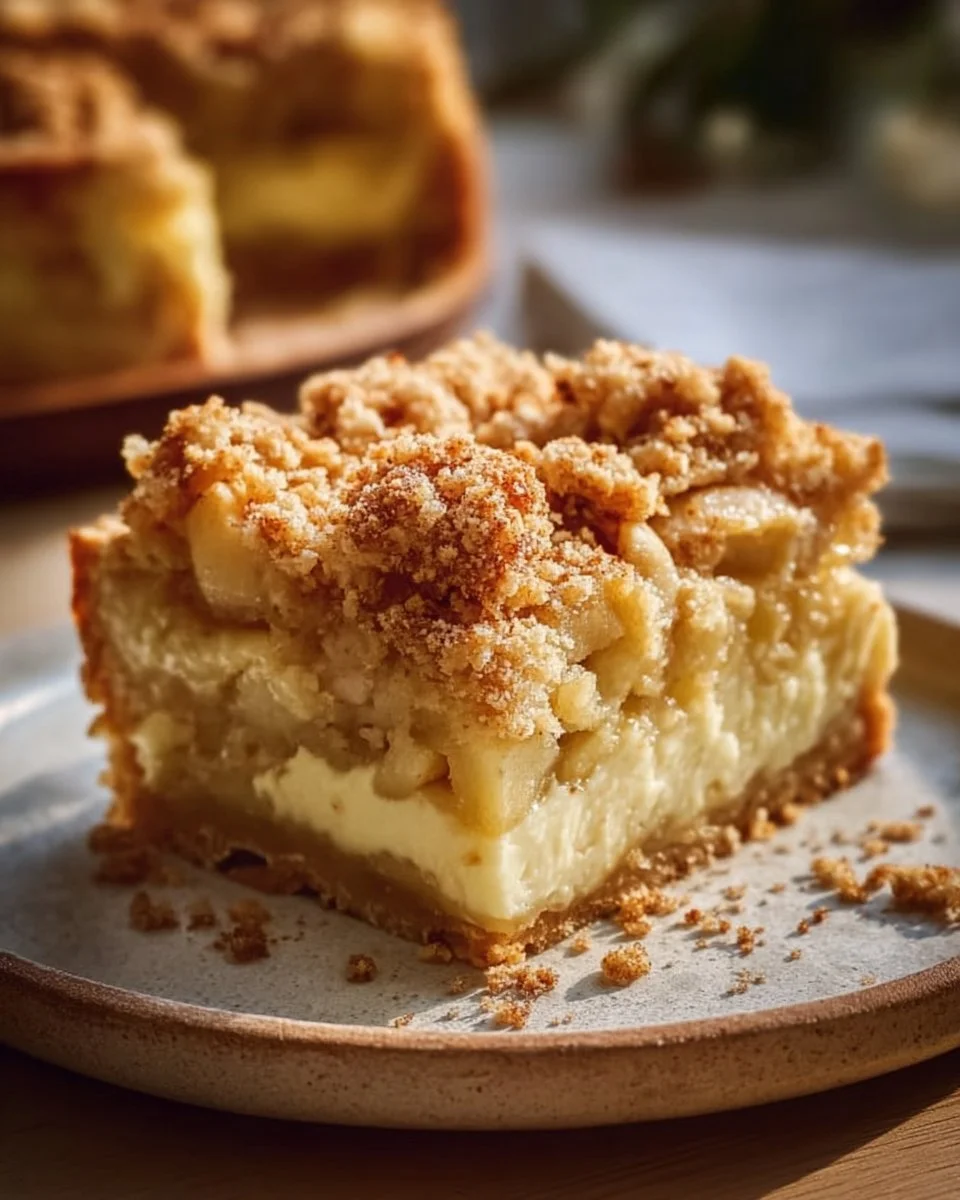 Apfelkuchen vom Blech mit Pudding und Streuseln auf einem Blech serviert