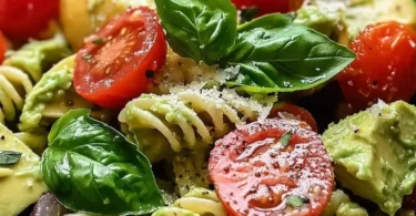 Leckerer Avocado-Pasta-Salat mit frischen Zutaten und gesunder Dressing.