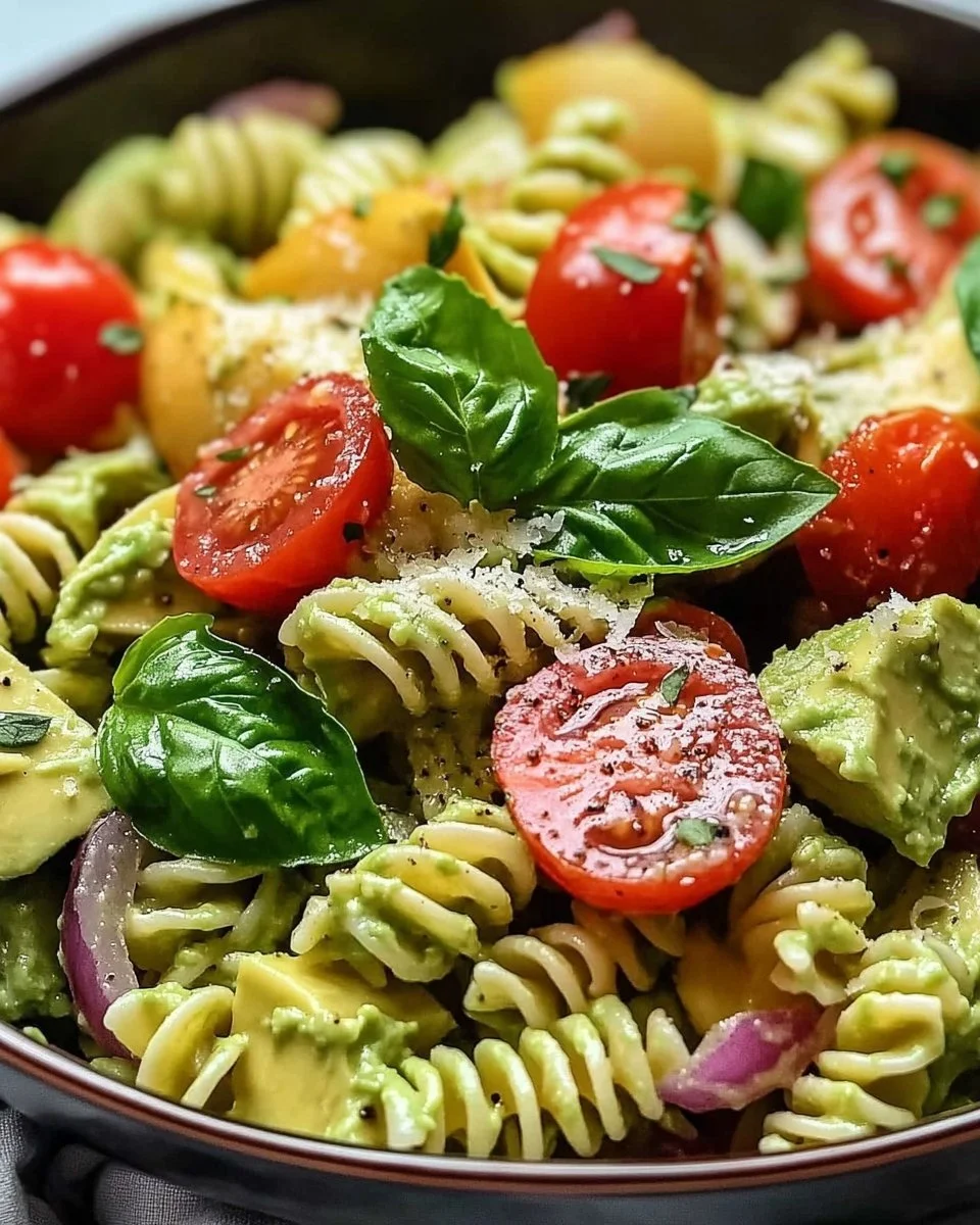 Leckerer Avocado-Pasta-Salat mit frischen Zutaten und gesunder Dressing.