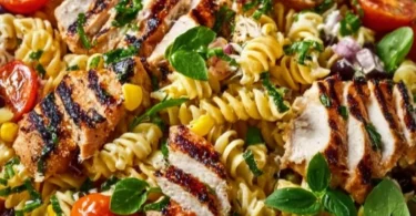 Leckerer BBQ Hähnchen Pasta Salat mit frischen Zutaten und hohem Proteingehalt