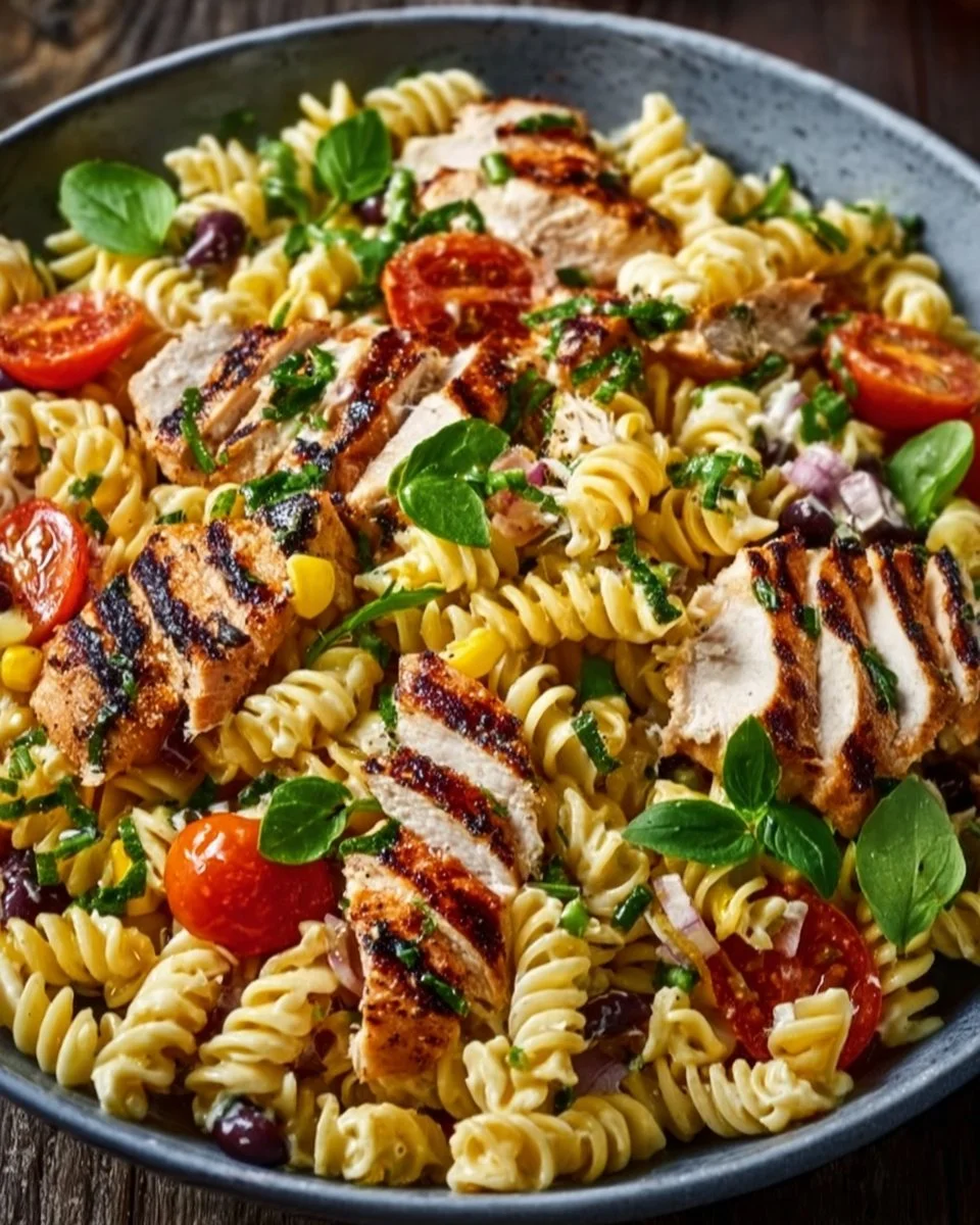 Leckerer BBQ Hähnchen Pasta Salat mit frischen Zutaten und hohem Proteingehalt