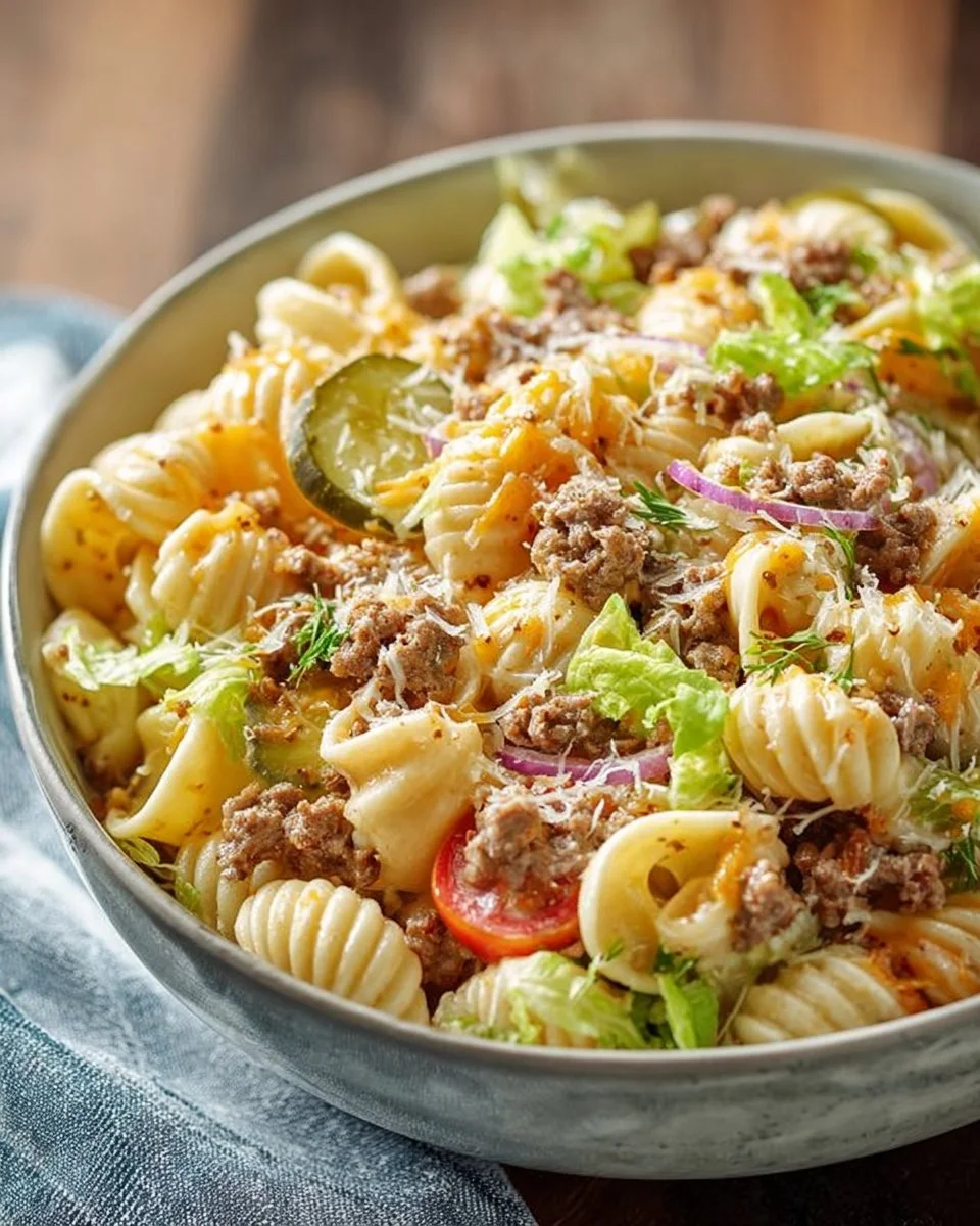 Big Mac Nudelsalat mit frischen Zutaten und köstlicher Soße.