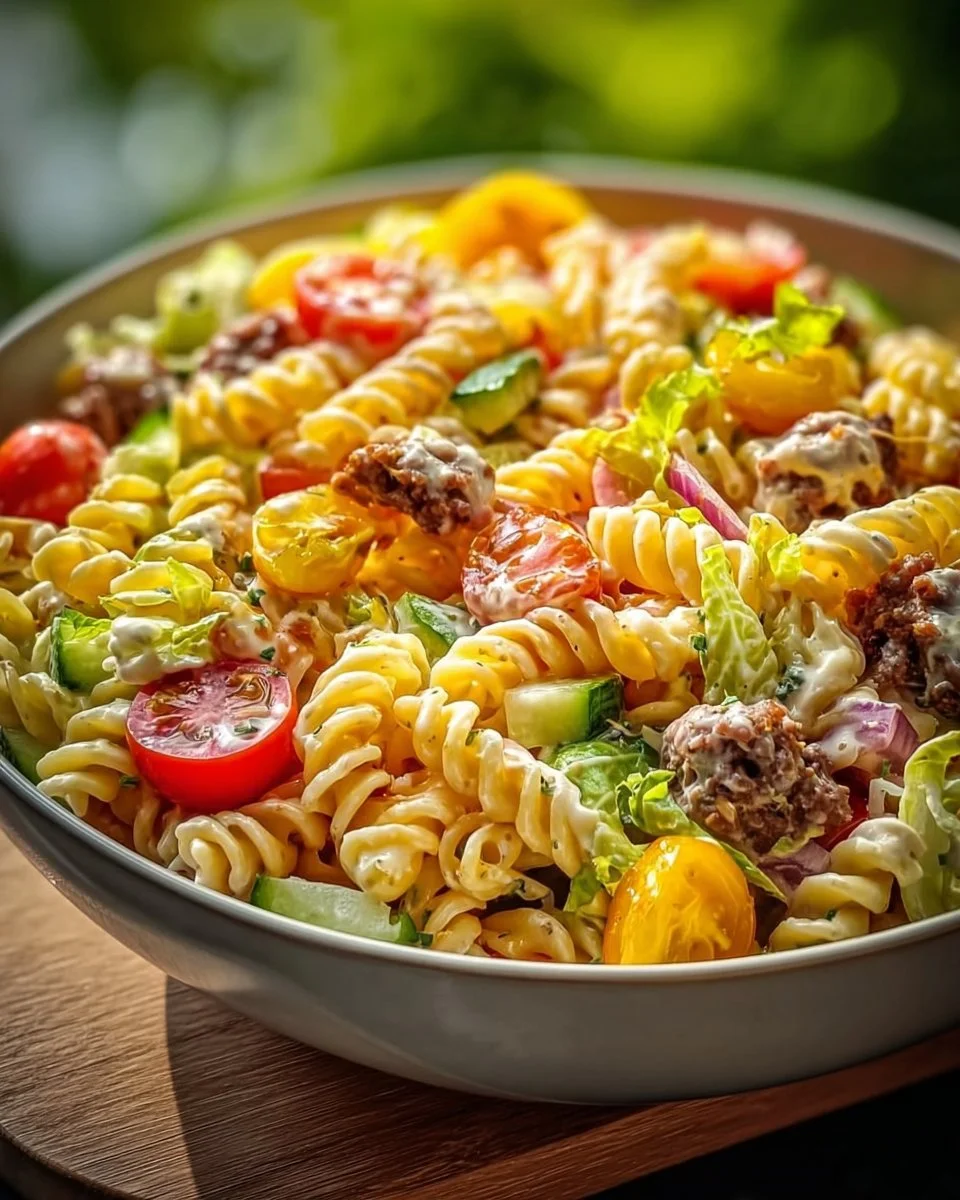 Big Mac Pasta Salat mit frischen Zutaten und einzigartigem Dressing