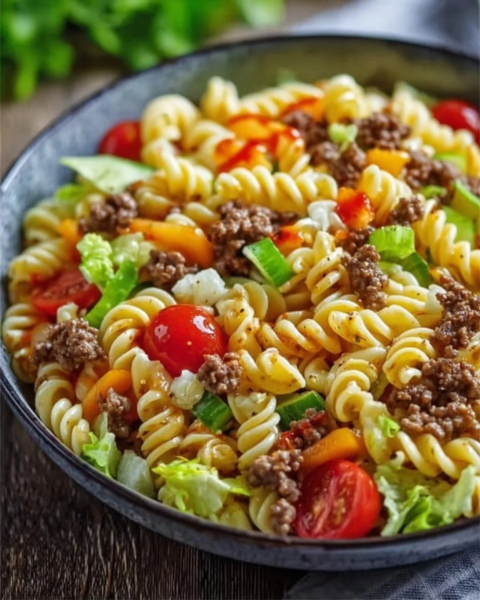 Big Mac Pastasalat auf einem Teller, das ideale Rezept für Burgerliebhaber.