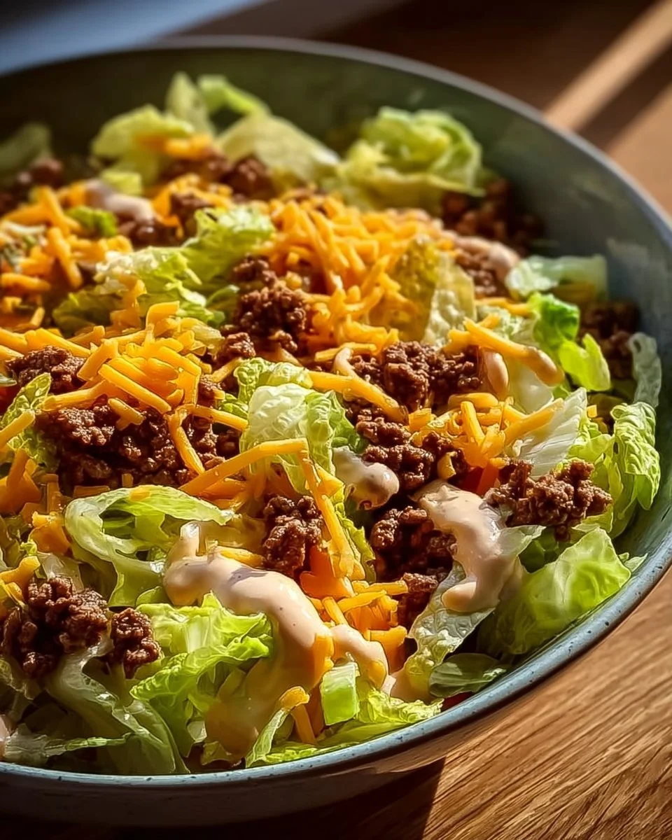 Big Mac Salad in einer Schüssel, frisch zubereitet mit Zutaten und Dressings.