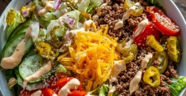 Big Mac Salat Bowl mit spezieller Sauce auf einem Holzbrett serviert