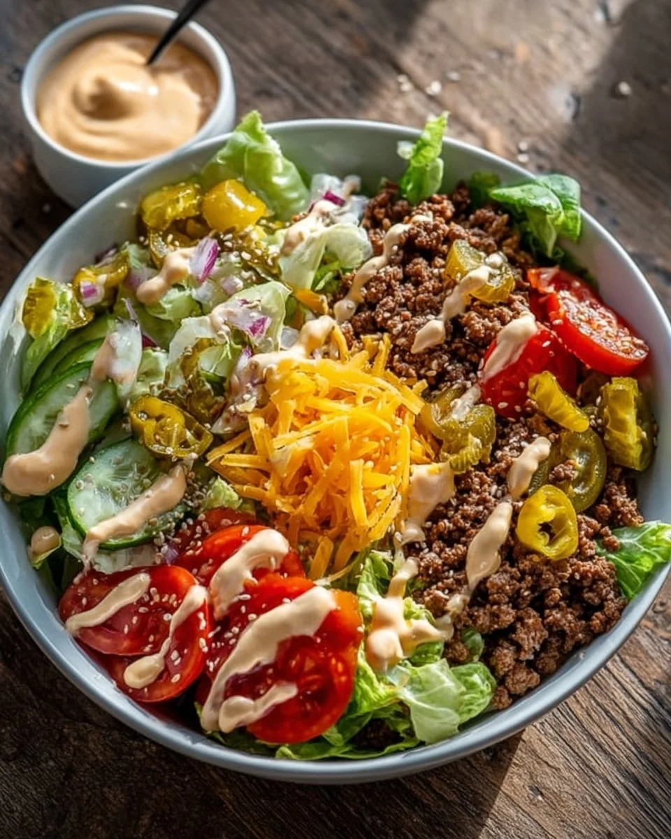 Big Mac Salat Bowl mit spezieller Sauce auf einem Holzbrett serviert