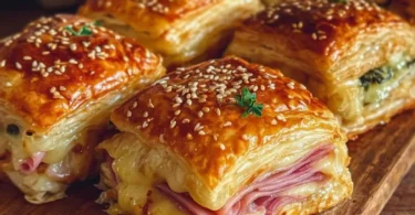 Blätterteig-Puten-Käse-Snacks auf einem Teller, schnell und einfach zubereitet.