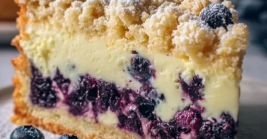 Blaubeerkuchen mit Pudding und Streuseln auf einem Teller