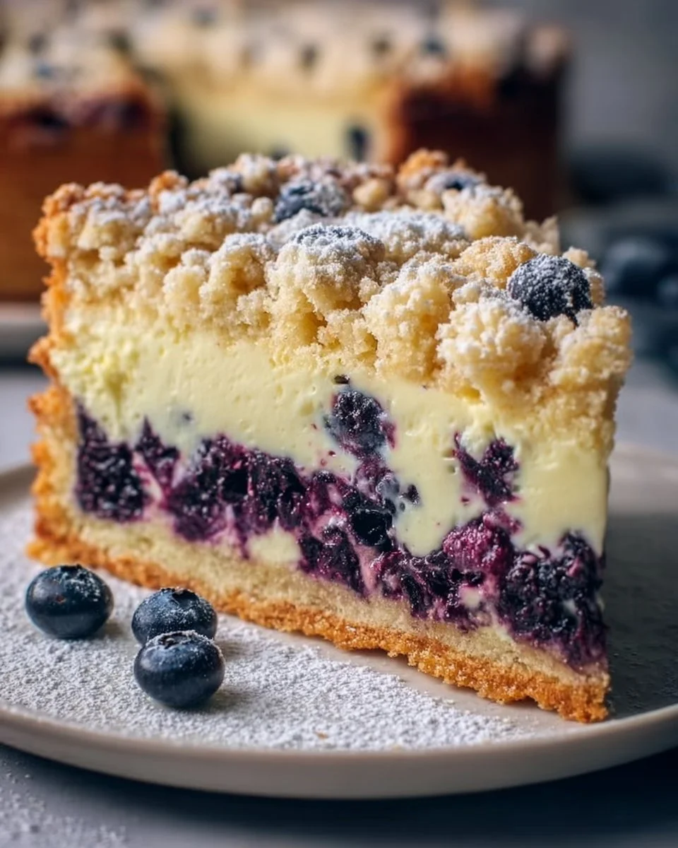 Blaubeerkuchen mit Pudding und Streuseln auf einem Teller