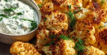 Köstlicher Blumenkohl aus der Airfryer mit Kräuterquark auf einem Teller serviert