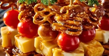 Brezel-Käse-Spieße mit süßem Senf auf einem Teller angerichtet