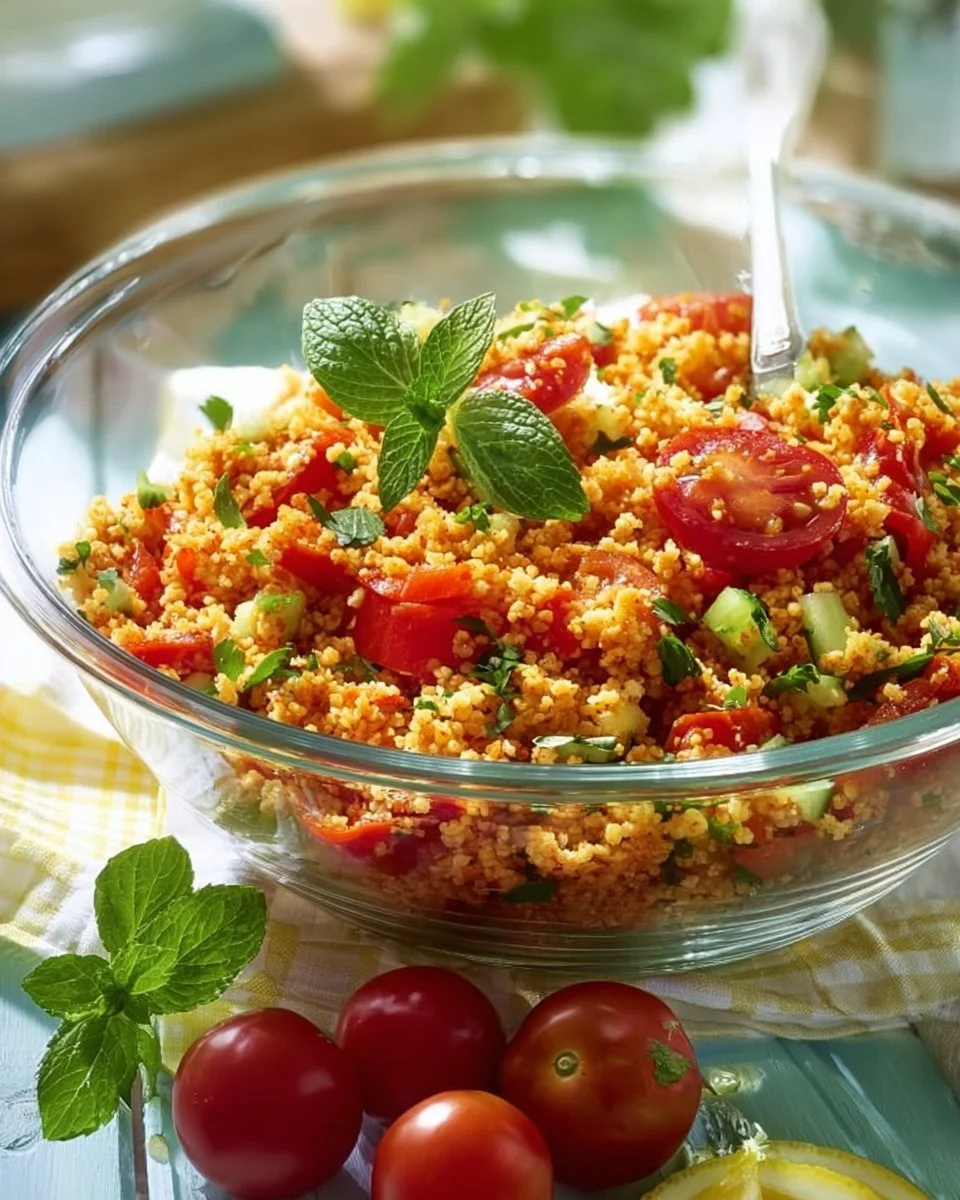 Frischer Bulgursalat mit Gemüse und Kräutern auf einem Teller
