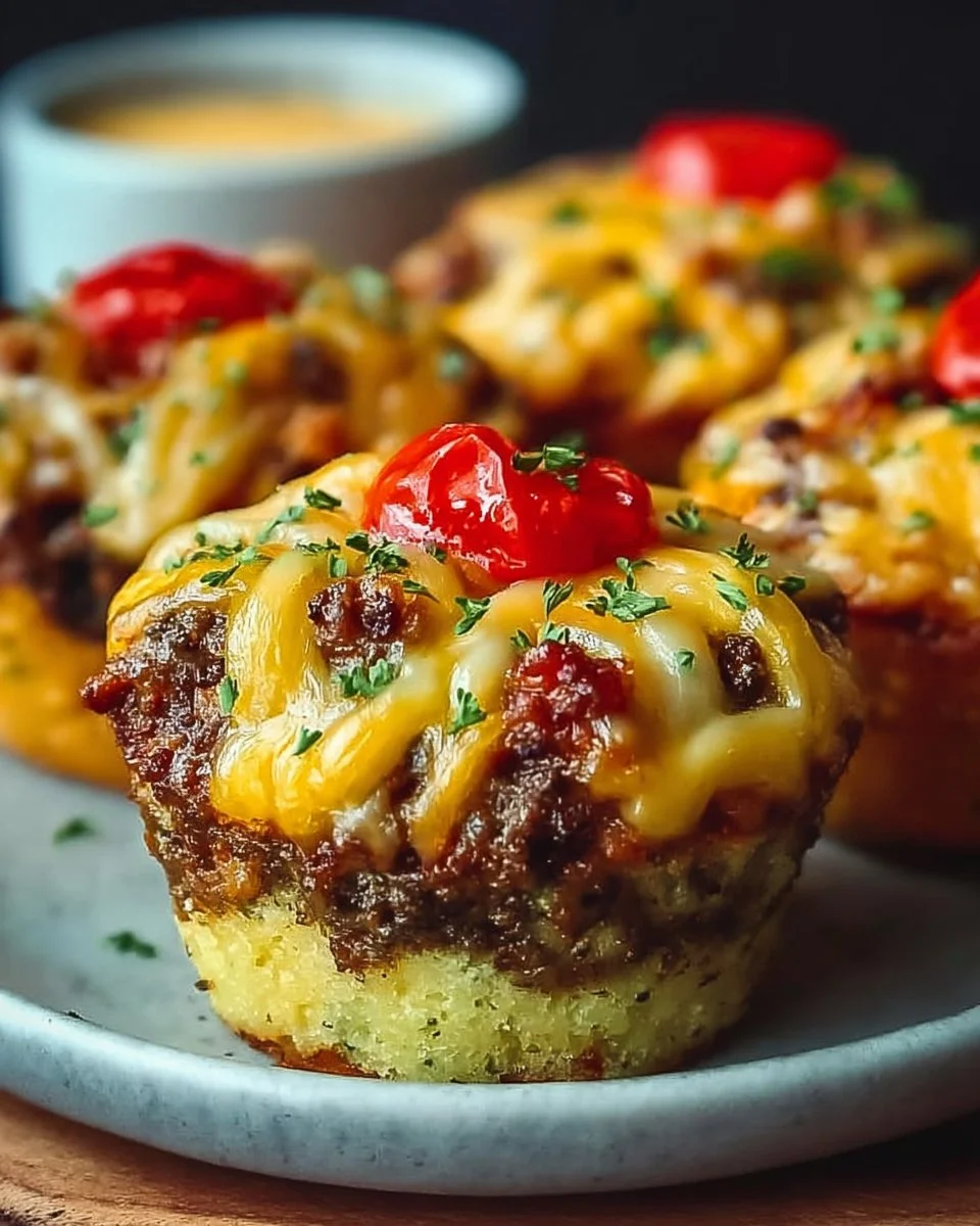 Bild von frisch gebackenen Cheeseburger-Muffins auf einem Teller
