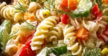 Cremiger Nudelsalat mit frischen Zutaten serviert in einer Schüssel.