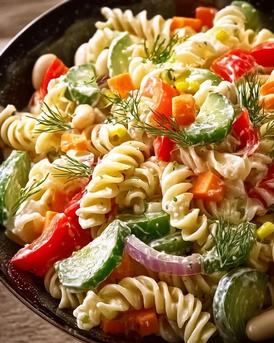 Cremiger Nudelsalat mit frischen Zutaten serviert in einer Schüssel.