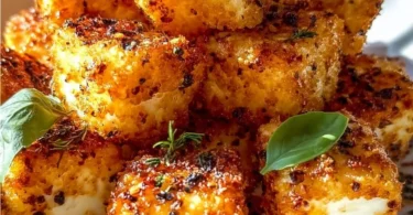 Knuspriger Feta aus dem Airfryer auf einem Teller serviert.