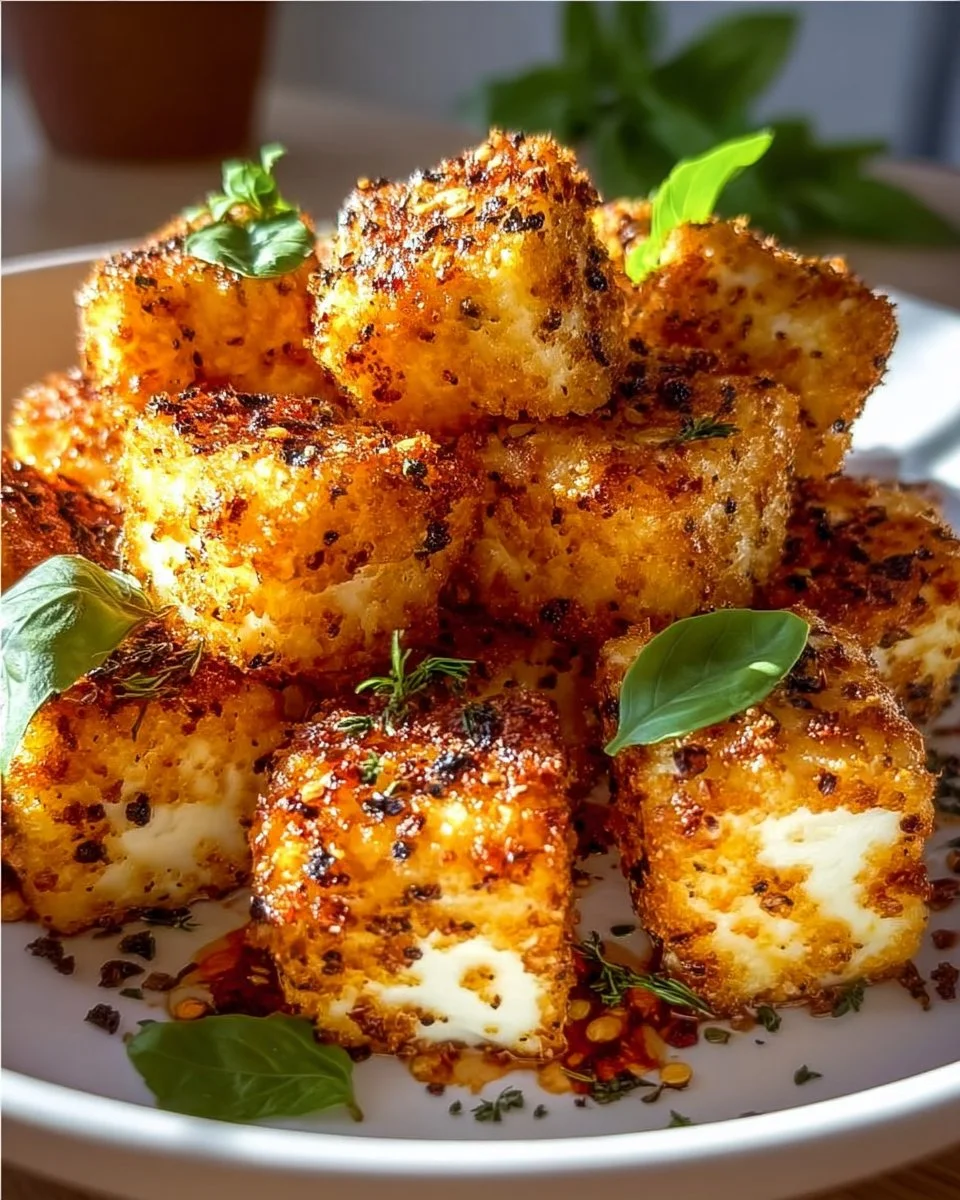 Knuspriger Feta aus dem Airfryer auf einem Teller serviert.