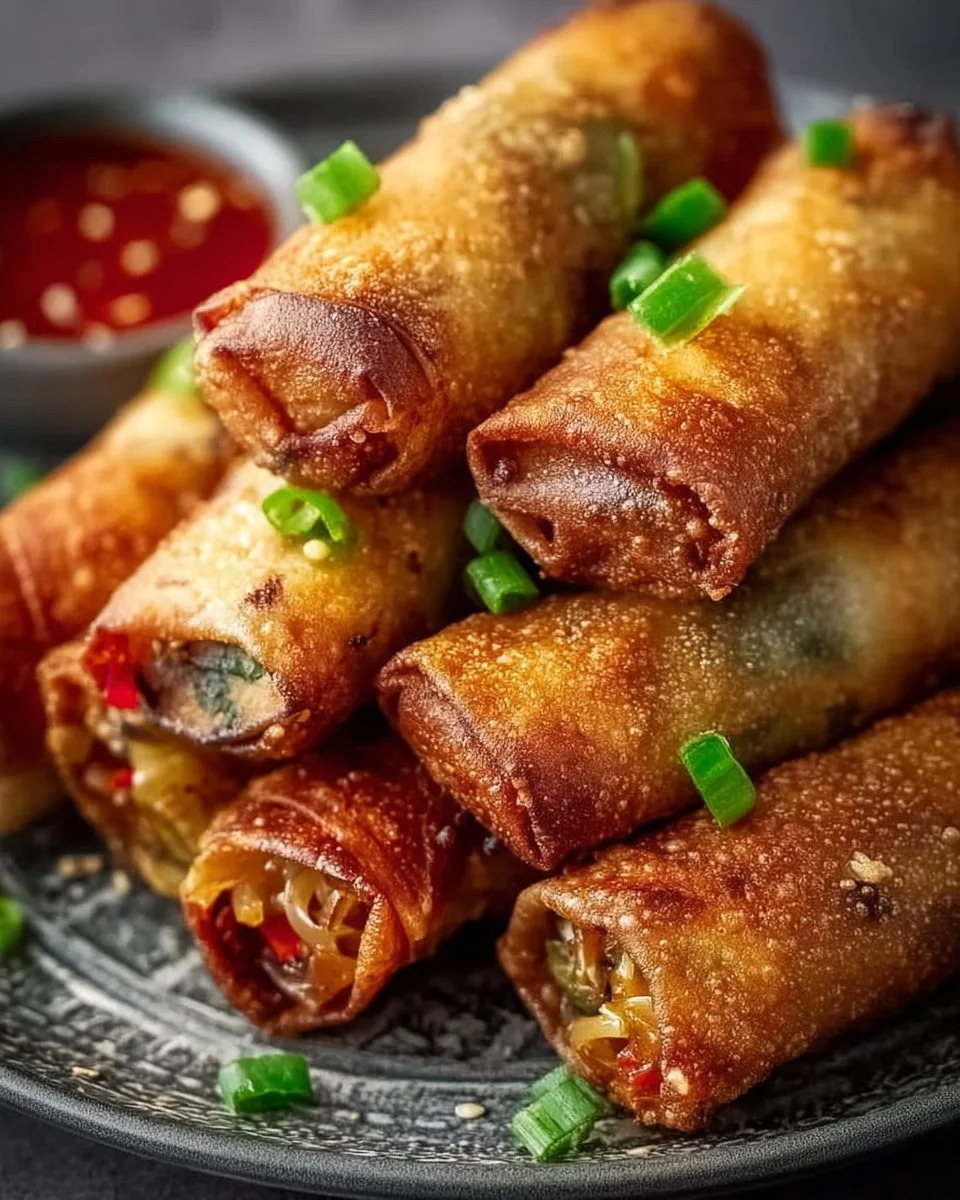 Crispy Frühlingsrollen aus dem Airfryer - goldbraun und knusprig serviert.