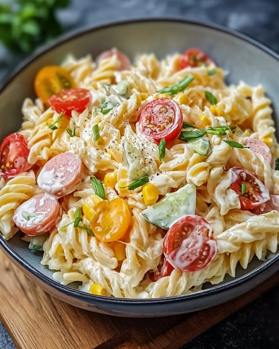Bunter Nudelsalat mit Mayonnaise für Feiern und Anlässe