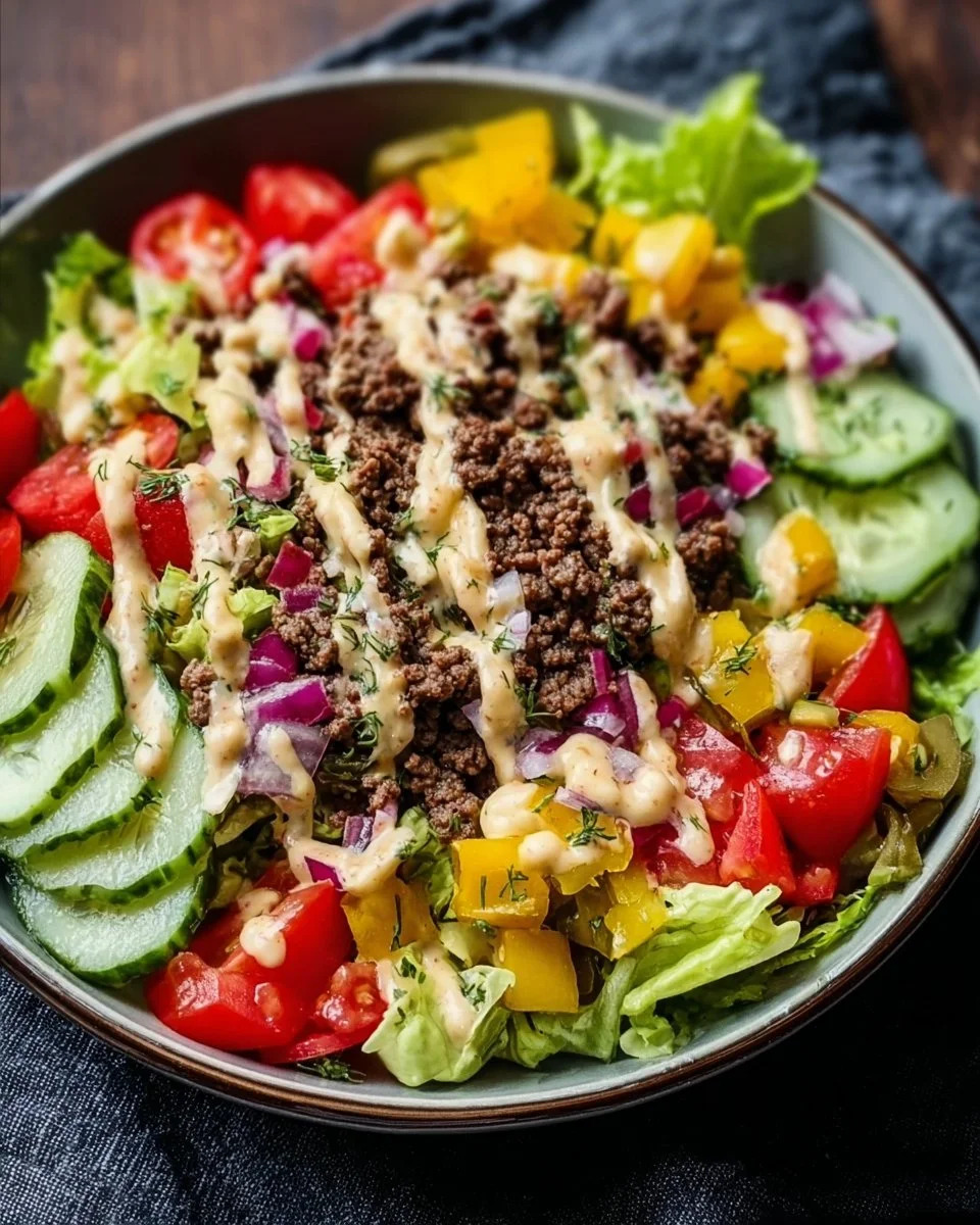 Low-Carb Big Mac Salat mit frischen Zutaten und Dressing