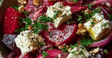 Ein einfacher Rote-Bete-und-Fetakäse-Salat auf einem Teller mit frischen Zutaten.