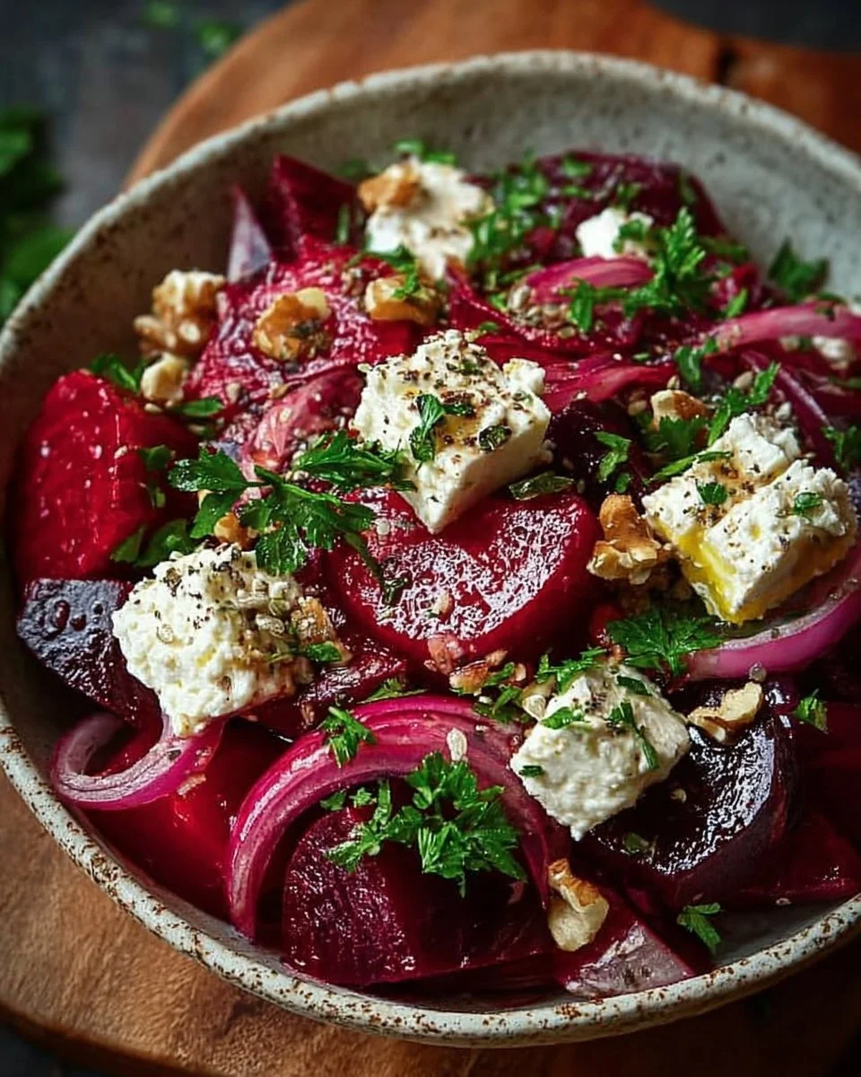 Ein einfacher Rote-Bete-und-Fetakäse-Salat auf einem Teller mit frischen Zutaten.