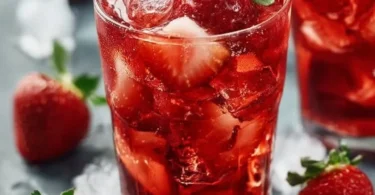 Erfrischender Erdbeer-Eistee in einem Glas, ideal für heiße Sommertage