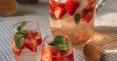 Erfrischender Erdbeer Hugo Drink mit frischen Erdbeeren und Sekt