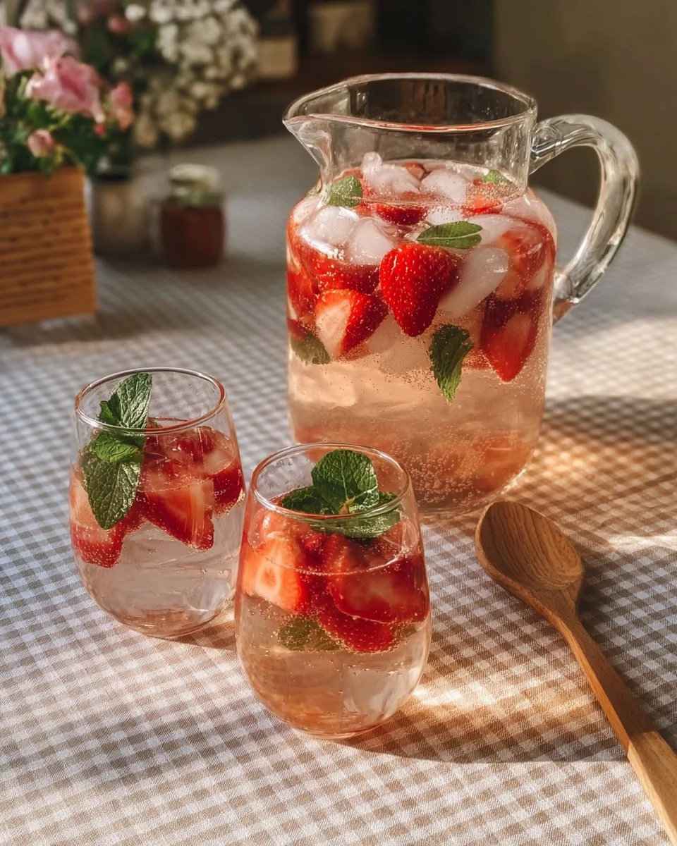 Erfrischender Erdbeer Hugo Drink mit frischen Erdbeeren und Sekt