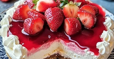 Leckerer Erdbeer Käsekuchen mit frischen Erdbeeren und cremigem Käse.