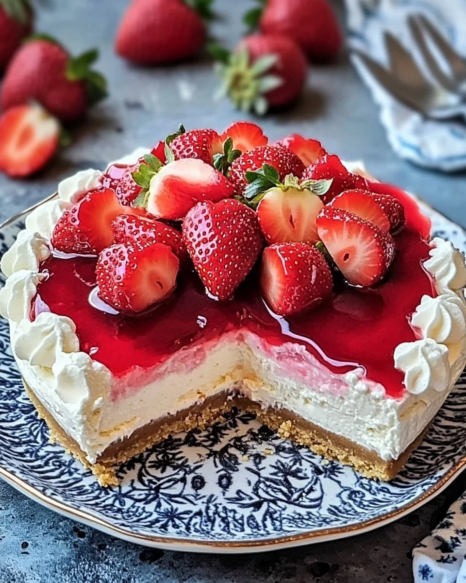 Leckerer Erdbeer Käsekuchen mit frischen Erdbeeren und cremigem Käse.
