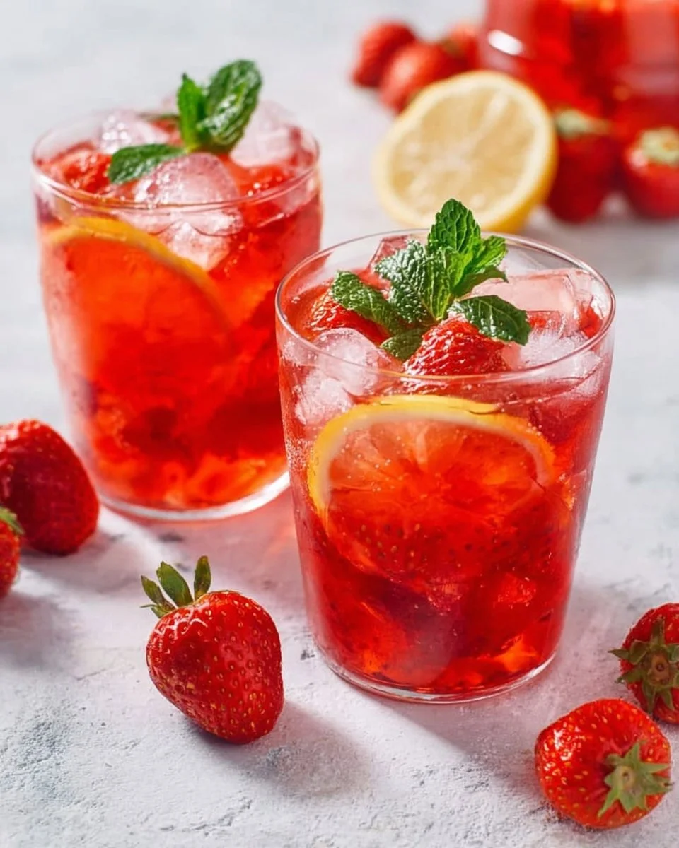 Selbstgemachte Erdbeer Limonade in einem Glas mit frischen Erdbeeren
