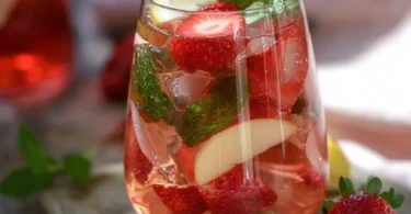 Erfrischende Erdbeer-Minz-Bowle in einem Glas mit frischen Erdbeeren und Minze