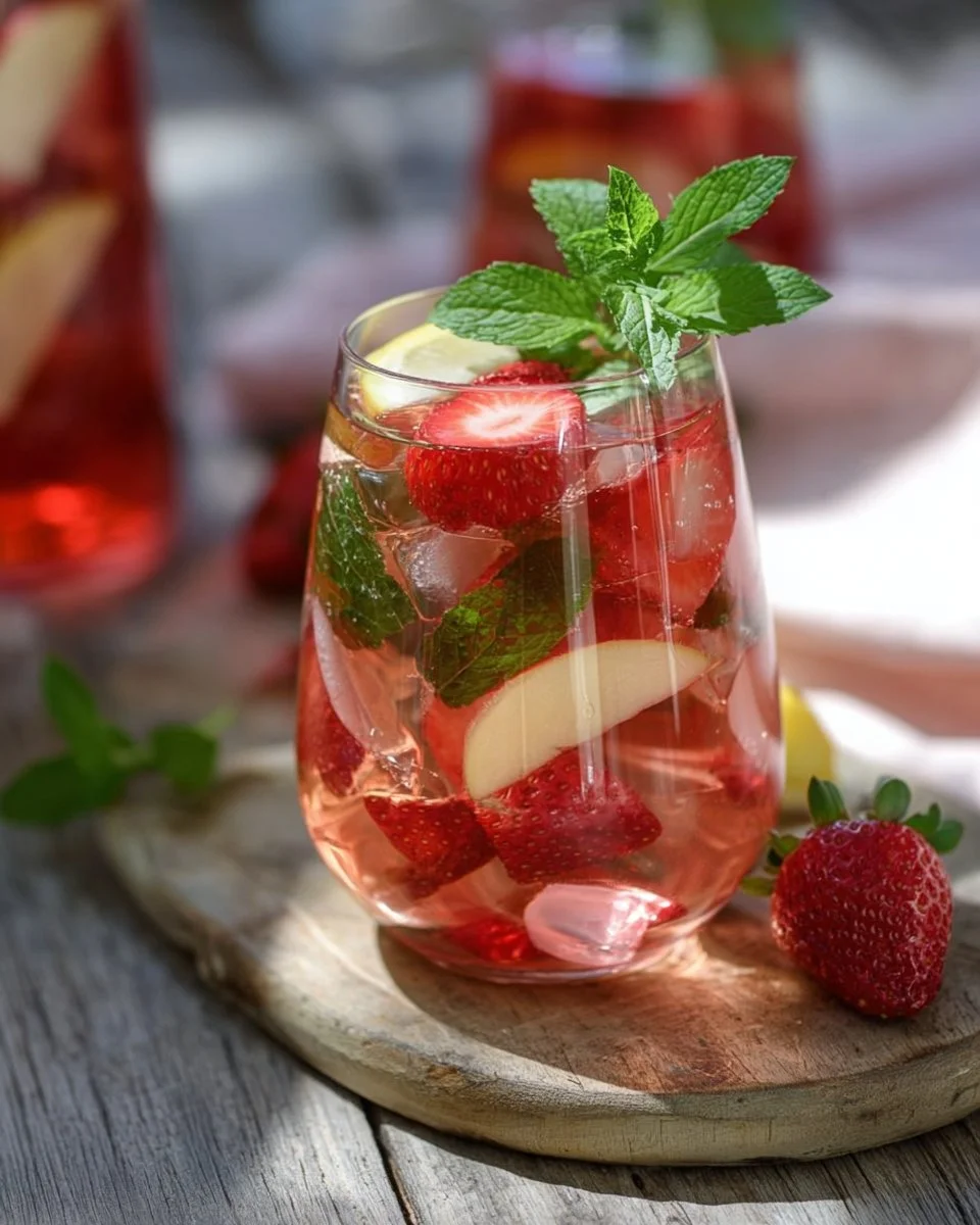 Erfrischende Erdbeer-Minz-Bowle in einem Glas mit frischen Erdbeeren und Minze