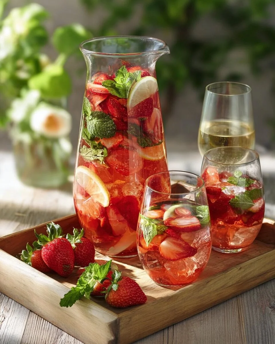 Erdbeer-Minz-Bowle in einem Glas mit frischen Erdbeeren und Minzblättern