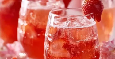 Ein erfrischendes Glas Erdbeerbowle mit frischen Erdbeeren und Sekt.