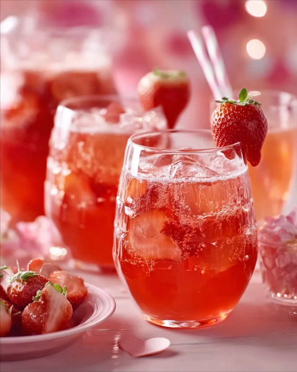 Ein erfrischendes Glas Erdbeerbowle mit frischen Erdbeeren und Sekt.