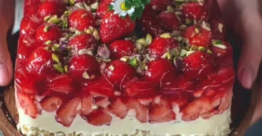 Erdbeerkuchen vom Blech mit Vanillepudding auf einem Tisch serviert