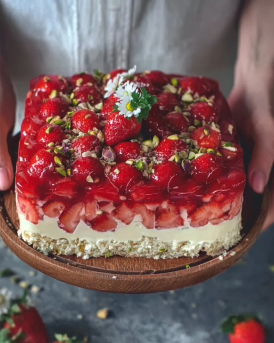 Erdbeerkuchen vom Blech mit Vanillepudding auf einem Tisch serviert