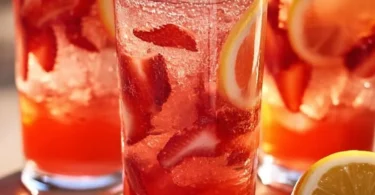 Glas mit erfrischender Erdbeer-Minze-Limonade auf einem Holztisch
