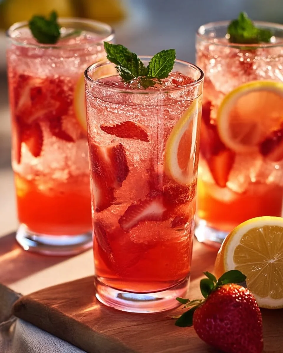 Glas mit erfrischender Erdbeer-Minze-Limonade auf einem Holztisch