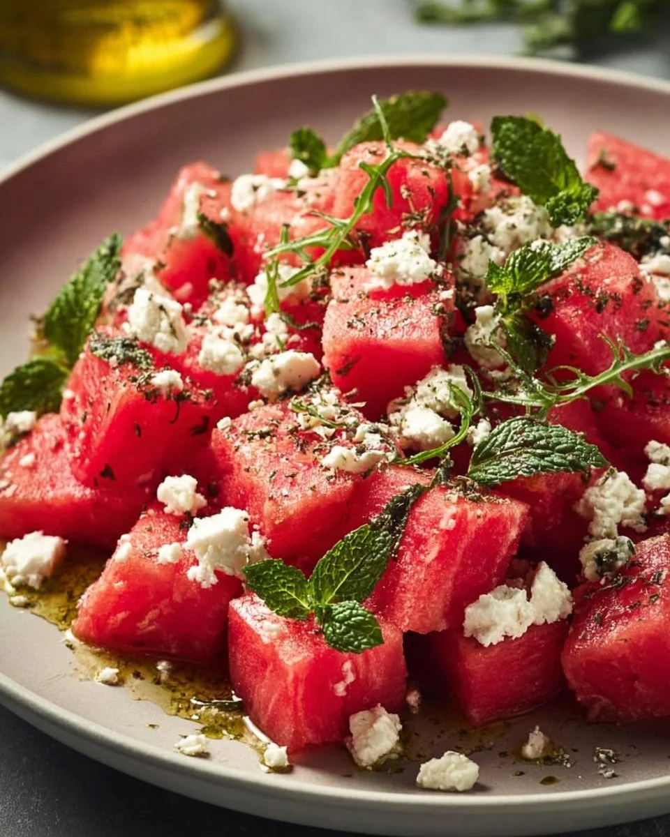 Erfrischender Wassermelonen-Feta-Salat mit Minze in einer bunten Schüssel