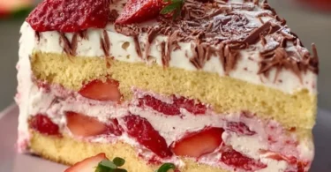 Fantakuchen mit Erdbeeren auf einem Tisch serviert
