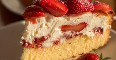 Fantakuchen mit Erdbeeren auf einem Teller, dekoriert mit frischen Früchten