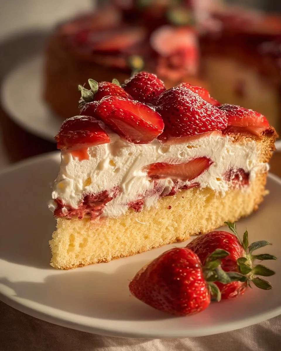 Fantakuchen mit Erdbeeren auf einem Teller, dekoriert mit frischen Früchten