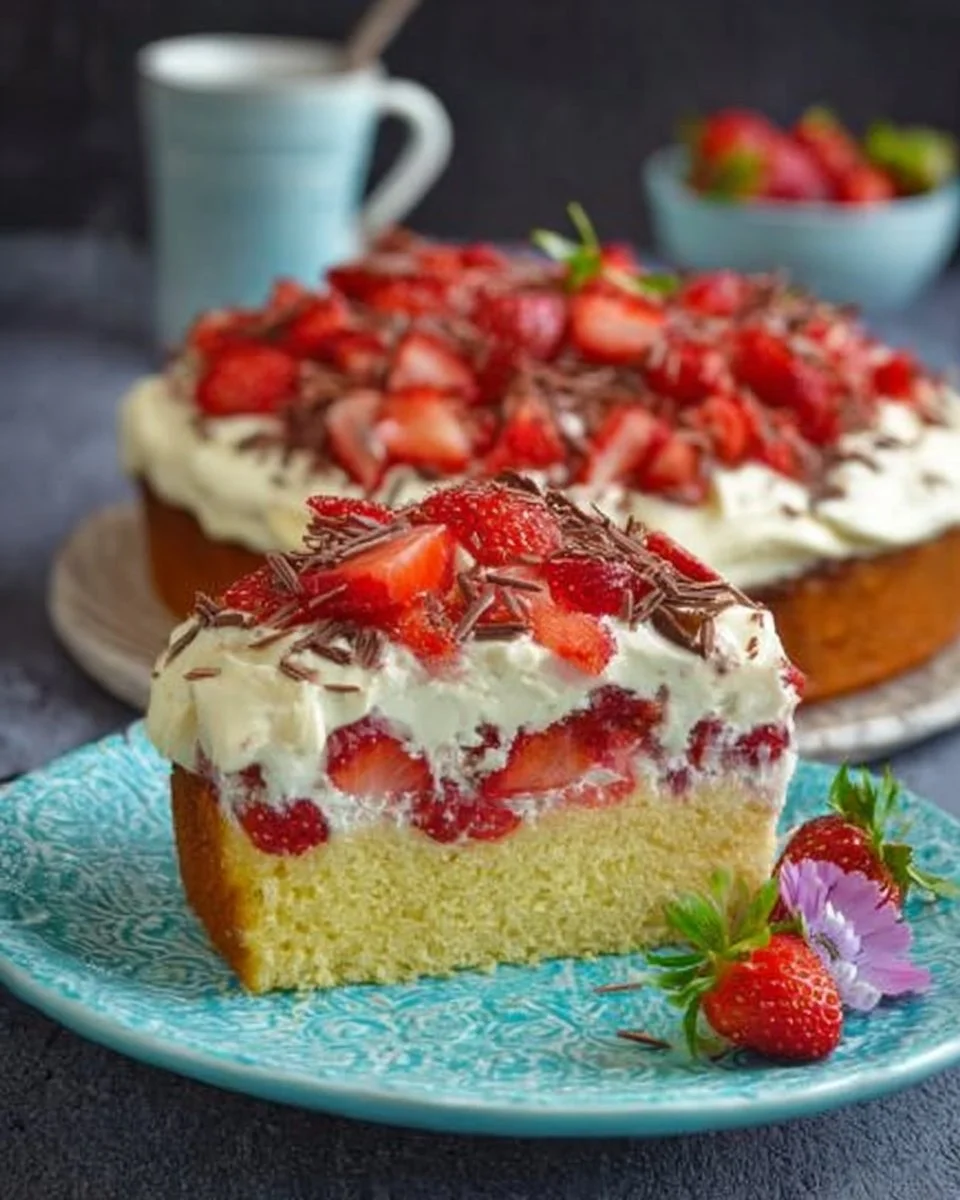 Fantakuchen vom Blech mit Schmand und frischen Erdbeeren